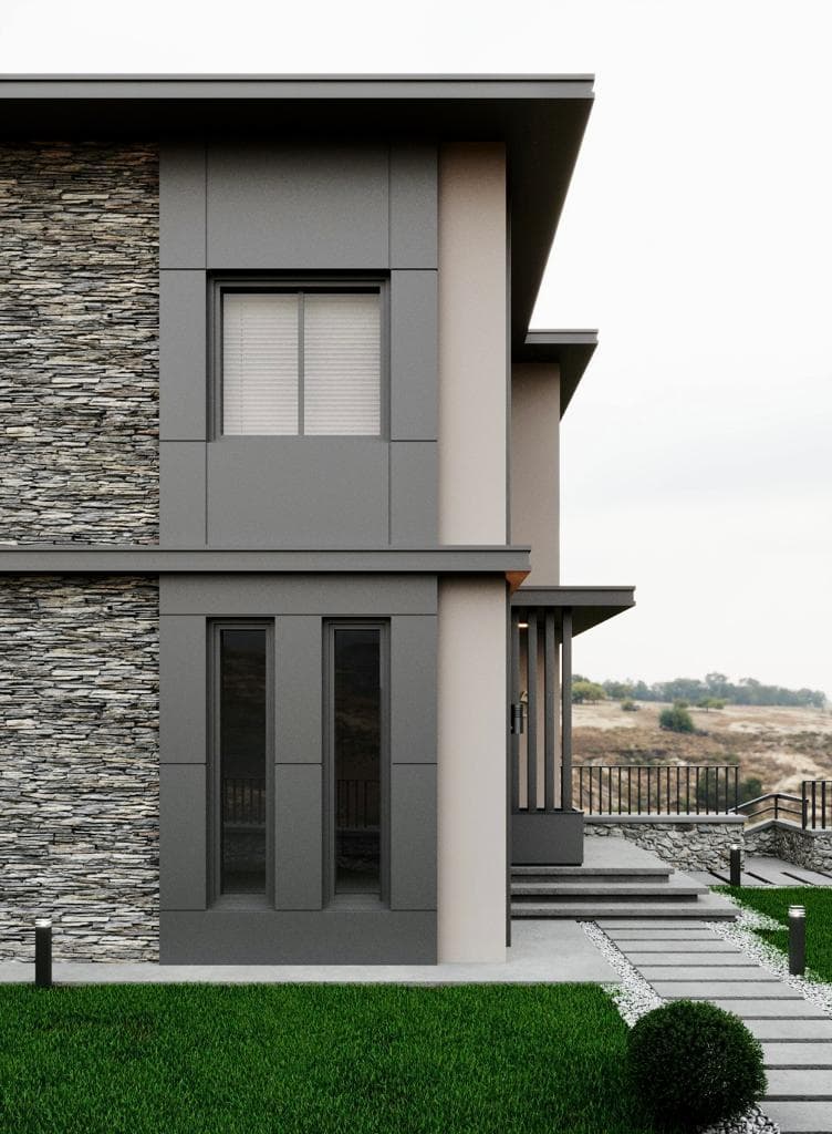 Taş kaplamalı modern konut cephesi